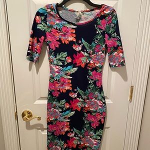 Never worn navy blue and floral bodycon dress